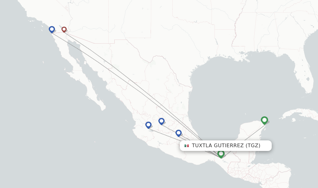 Route map with flights from Tuxtla Gutierrez with Volaris