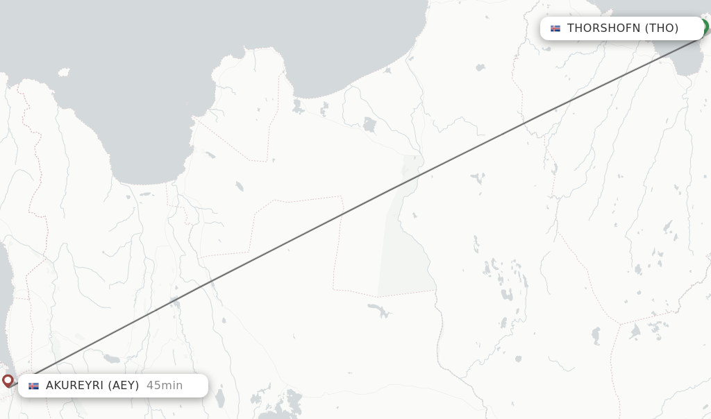 Flights from Thorshofn to Akureyri route map