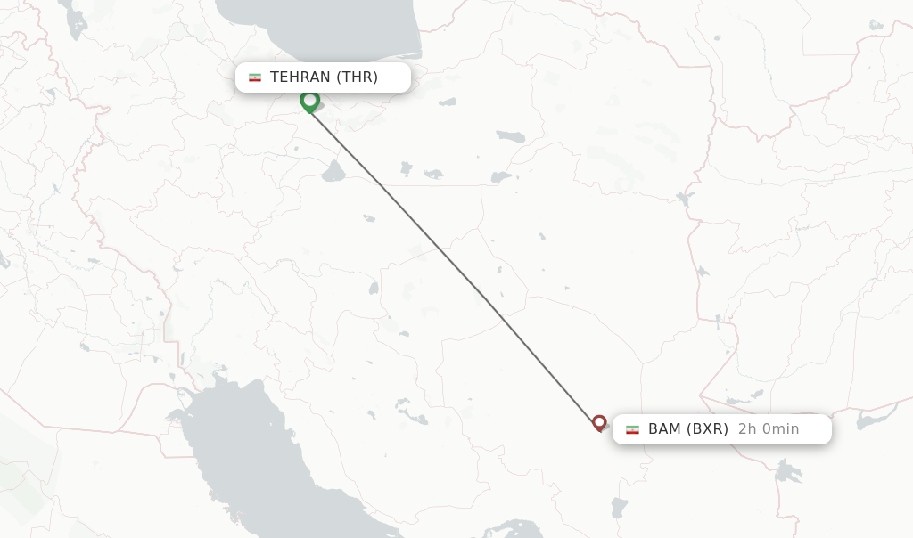 Flights from Tehran to Bam route map