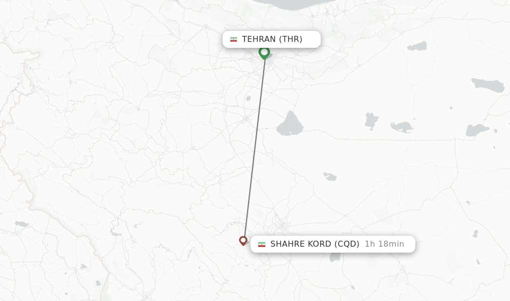 Flights from Tehran to Shahre Kord route map