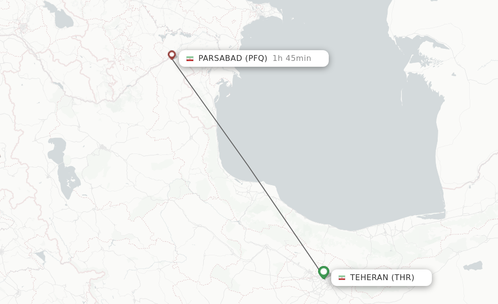 Flights from Tehran to Parsabad route map