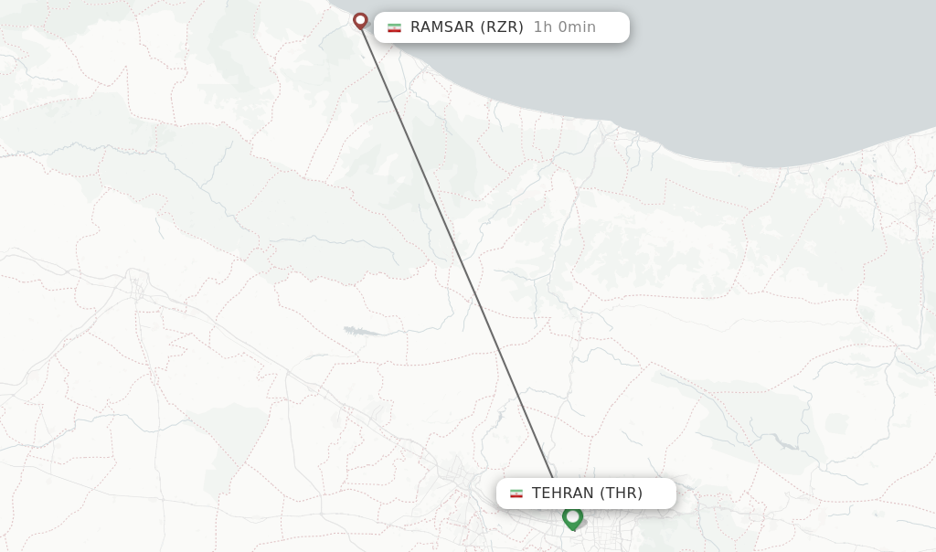Flights from Tehran to Ramsar route map