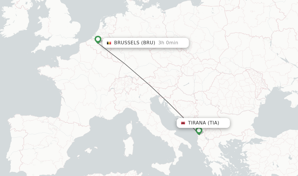Flights from Tirana to Brussels route map