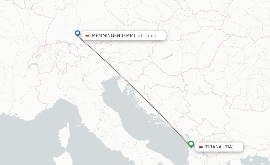 Flights from Tirana to Memmingen route map