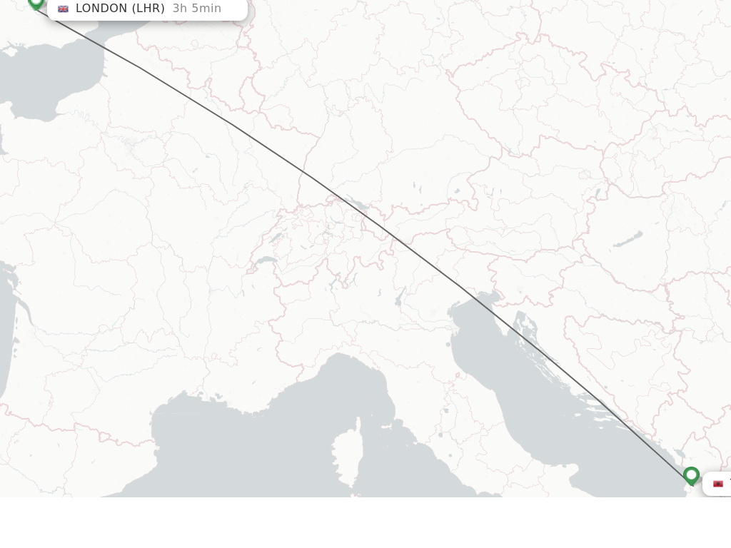 Flights from Tirana to London route map