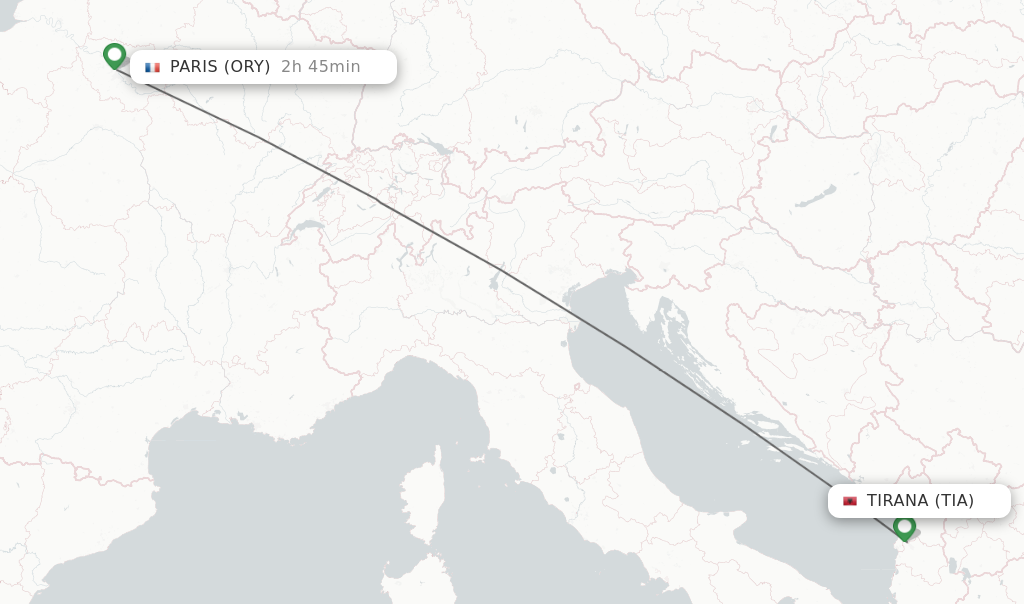 Flights from Tirana to Paris route map