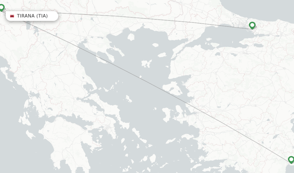 Route map with flights from Tirana with Pegasus