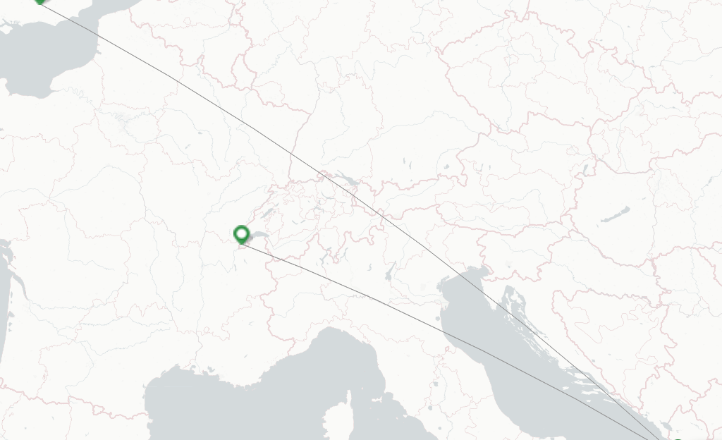 Route map with flights from Tirana with easyJet