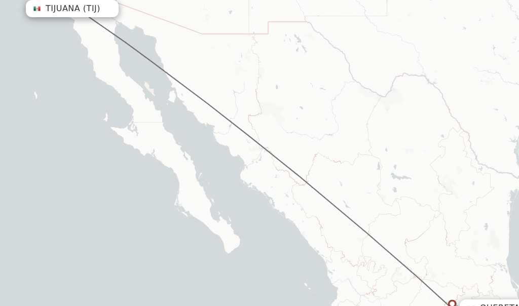 Flights from Tijuana to Queretaro route map