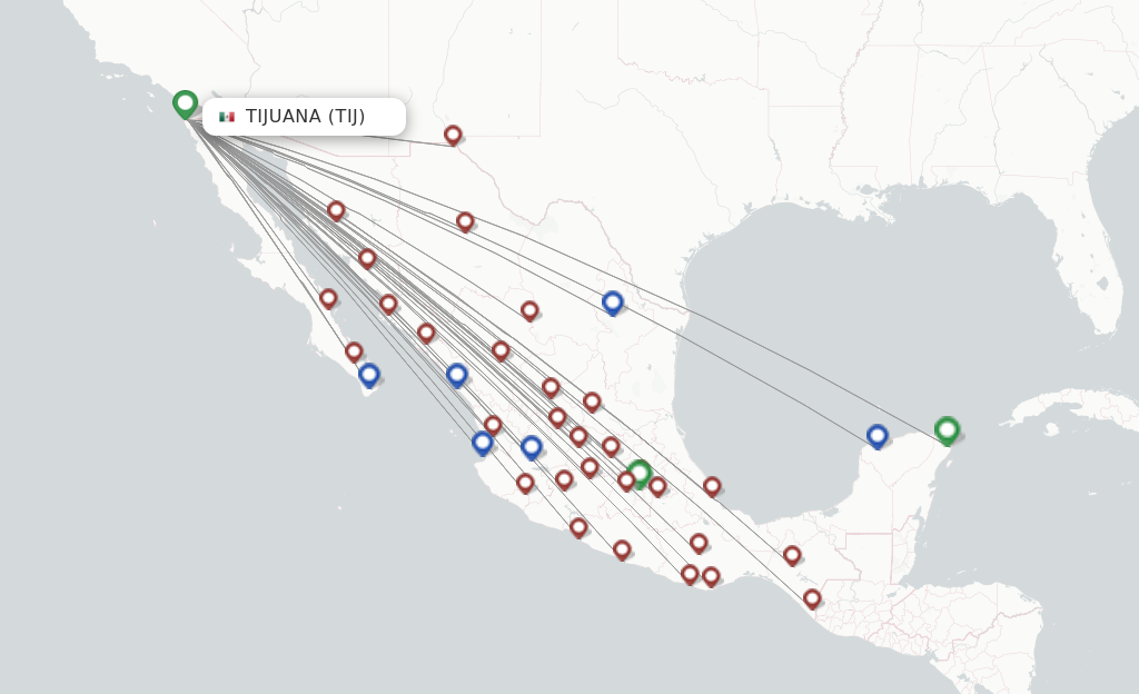 Route map with flights from Tijuana with Volaris
