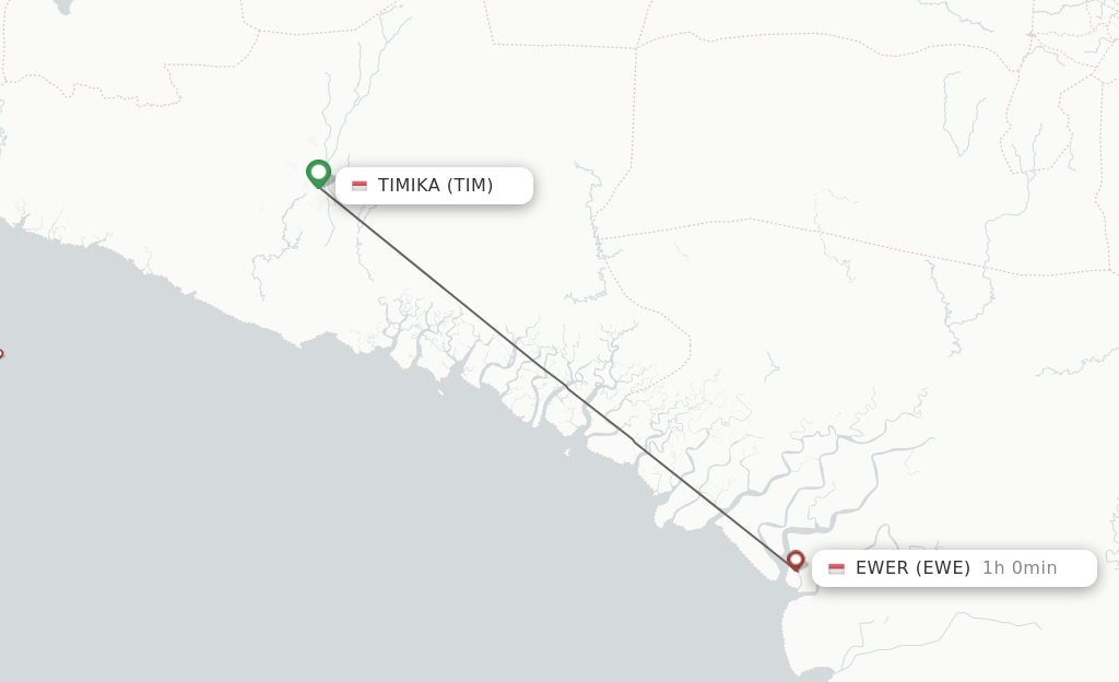 Flights from Tembagapura to Ewer route map