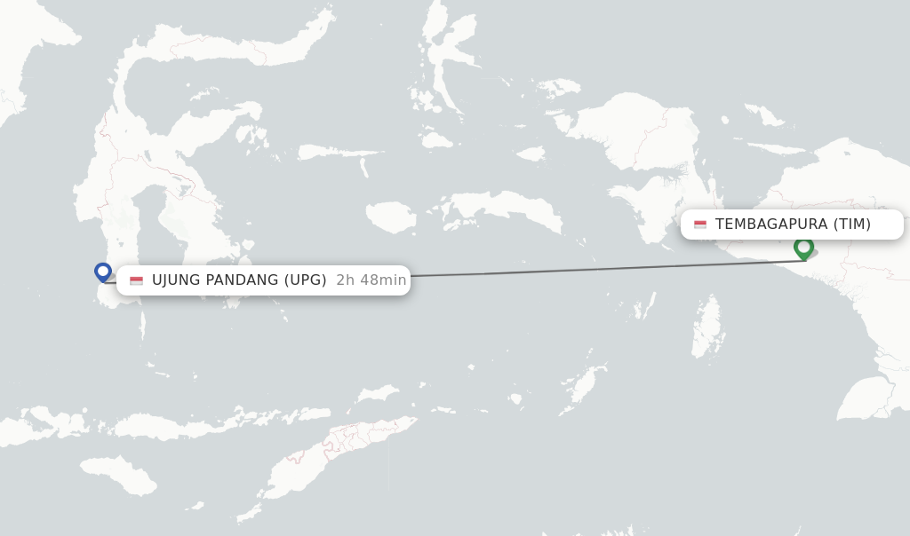Flights from Tembagapura to Ujung Pandang route map