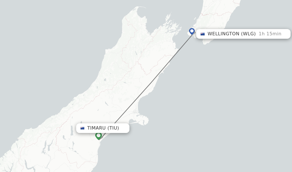 Flights from Timaru to Wellington route map
