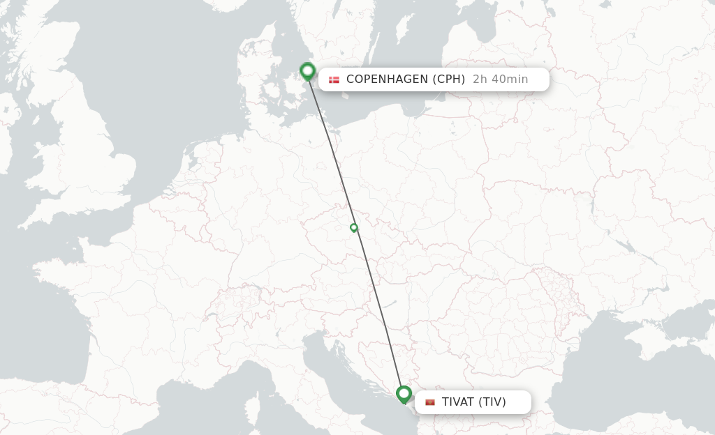Flights from Tivat to Copenhagen route map