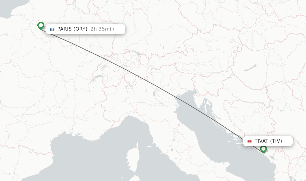 Flights from Tivat to Paris route map