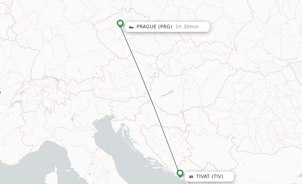 Flights from Tivat to Prague route map