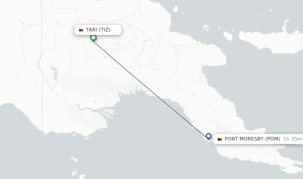 Flights from Tari to Port Moresby route map