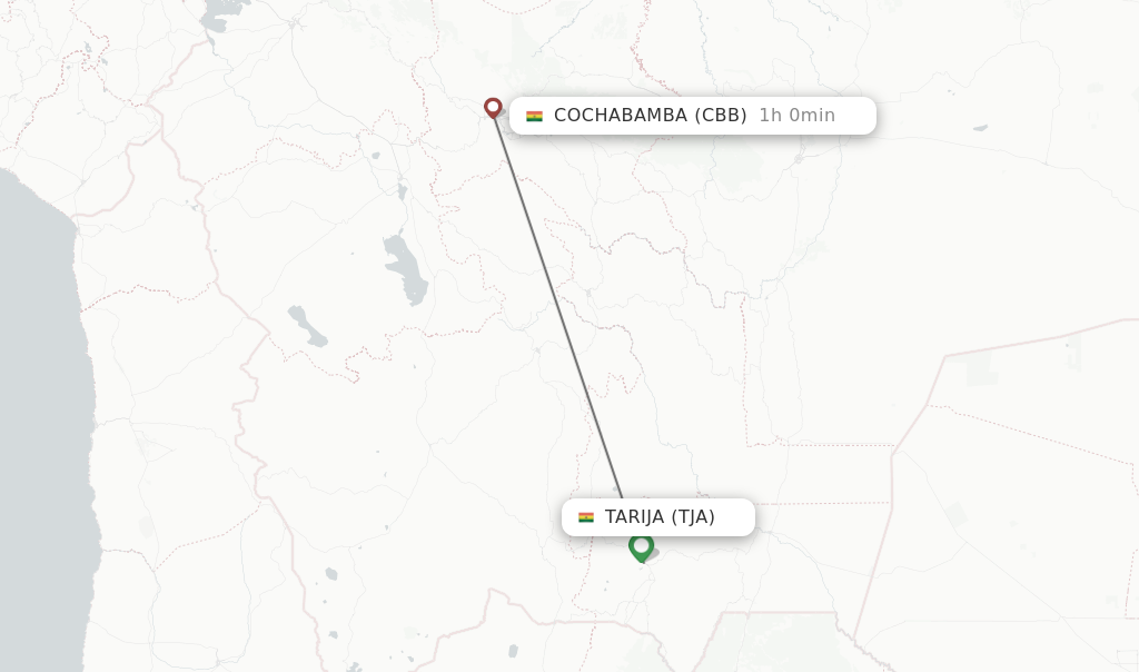 Flights from Tarija to Cochabamba route map