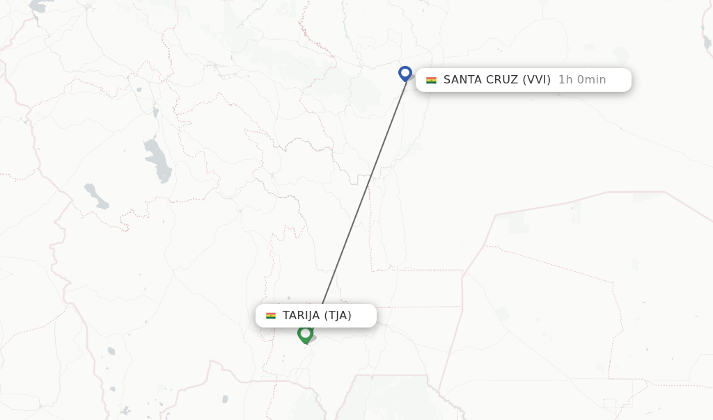 Flights from Tarija to Santa Cruz route map