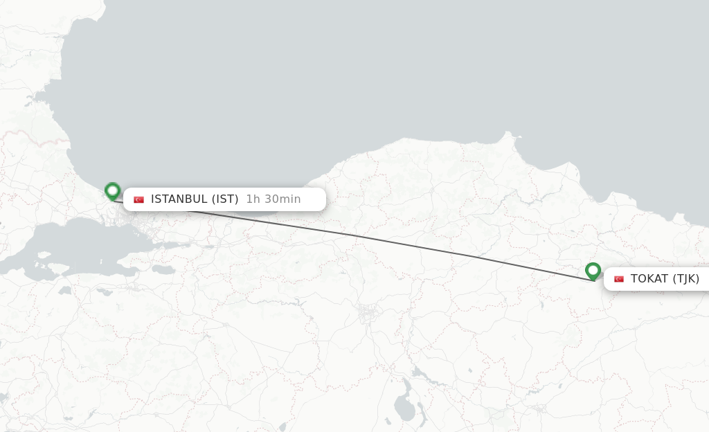 Flights from Tokat to Istanbul route map