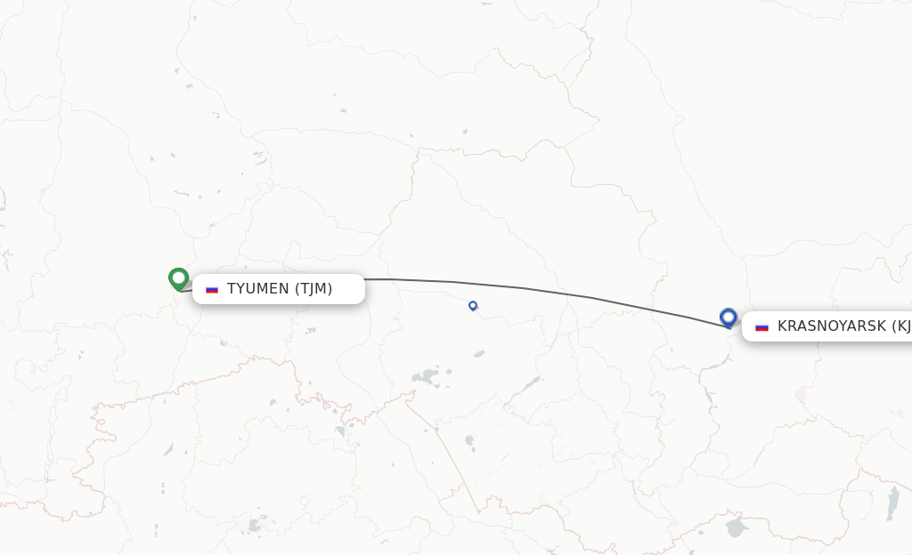 Flights from Tyumen to Krasnojarsk route map