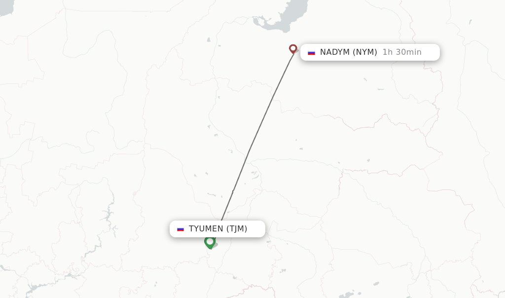Flights from Tyumen to Nadym route map