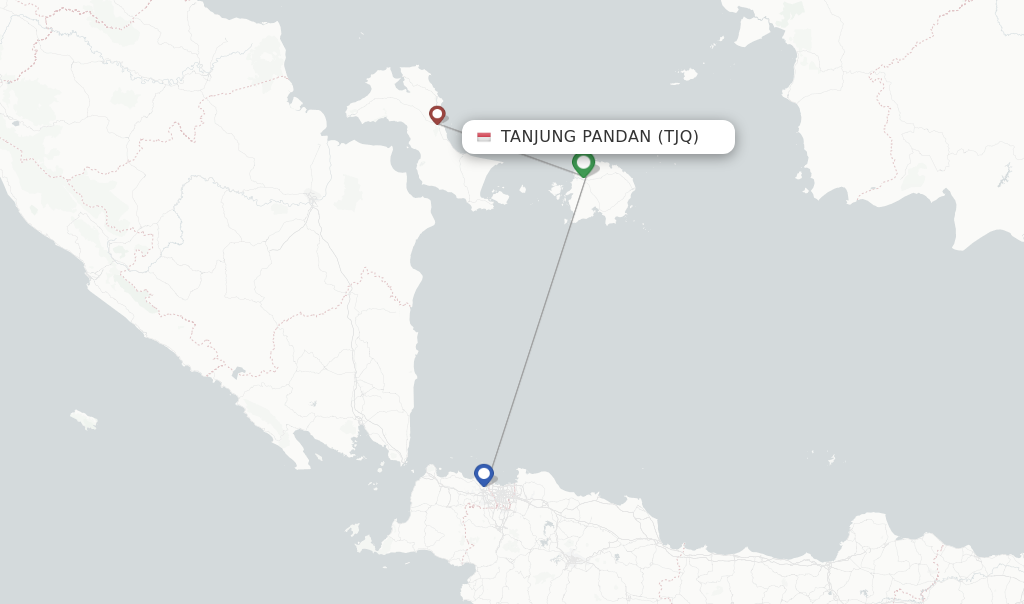 Route map with flights from Tanjung Pandan with Sriwijaya Air