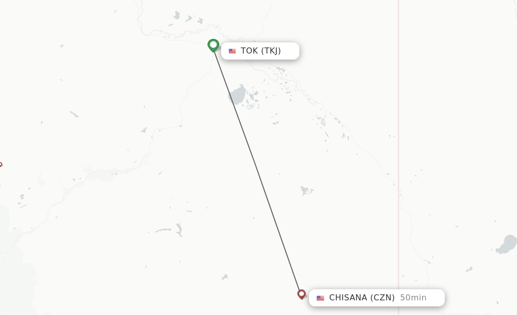 Flights from Tok to Chisana route map