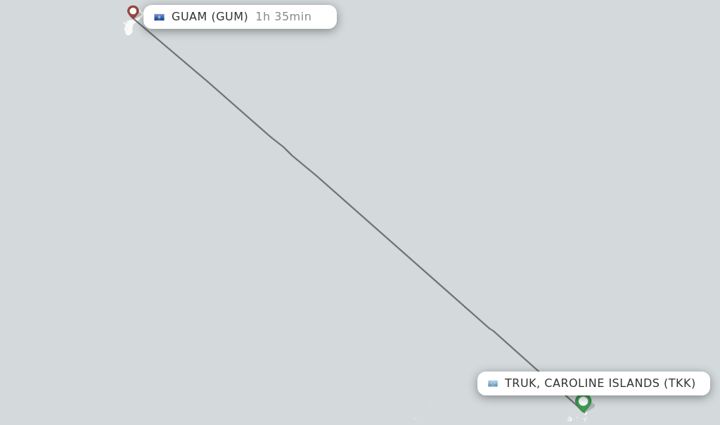Flights from Truk, Caroline Islands to Guam route map