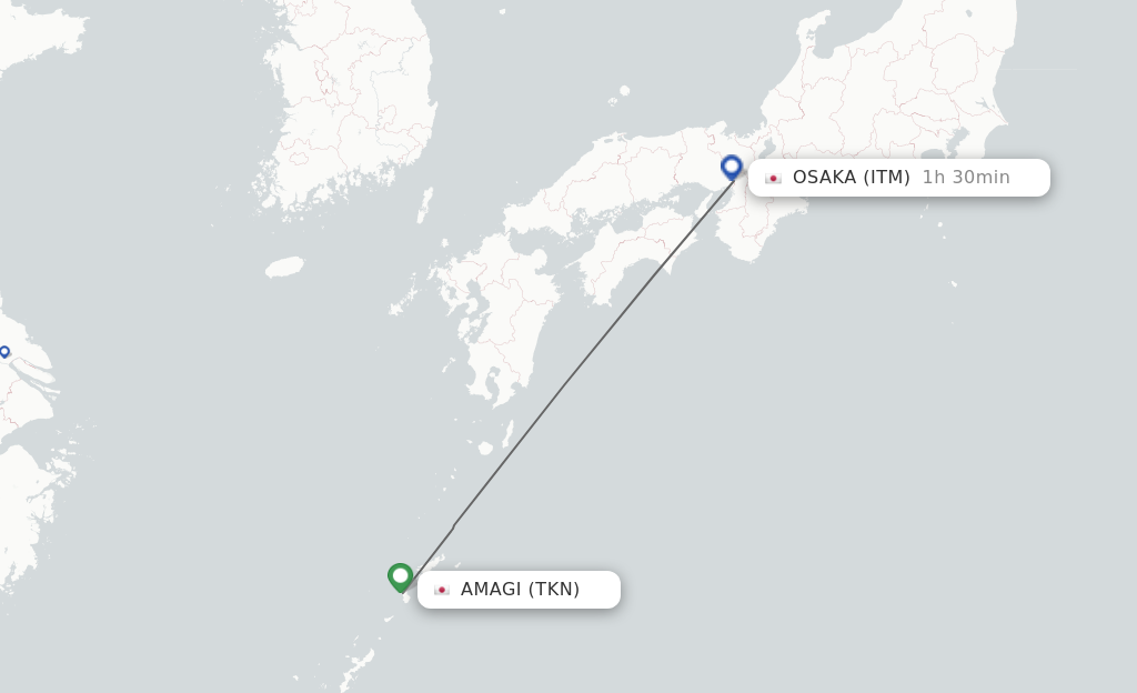 Flights from Tokunoshima to Osaka route map