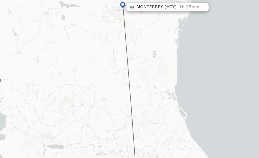 Flights from Toluca to Monterrey route map