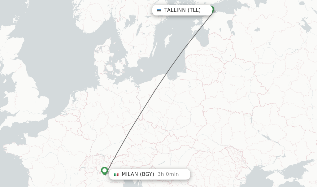 Flights from Tallinn to Milan route map