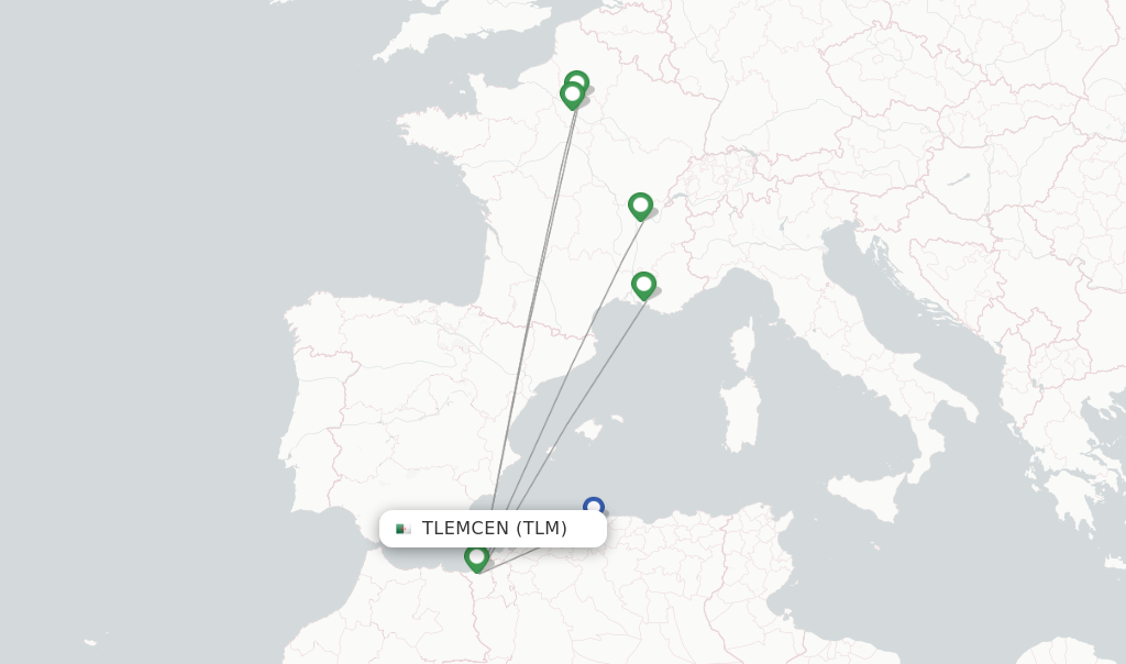 Route map with flights from Tlemcen with Air Algerie