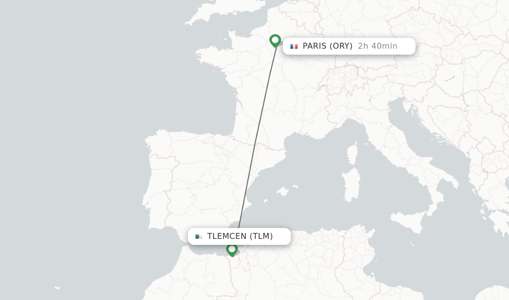Flights from Tlemcen to Paris route map