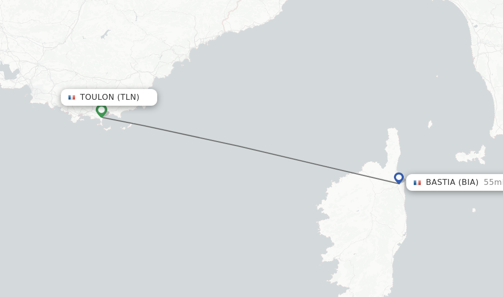 Flights from Toulon to Bastia route map