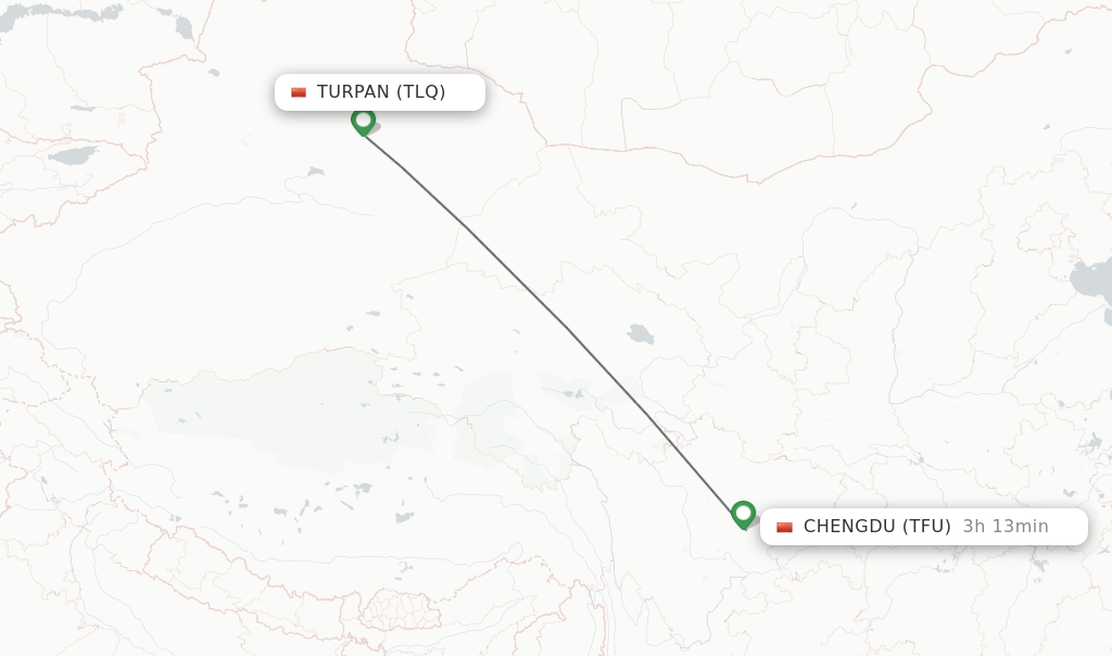 Flights from Chengdu to Turpan route map