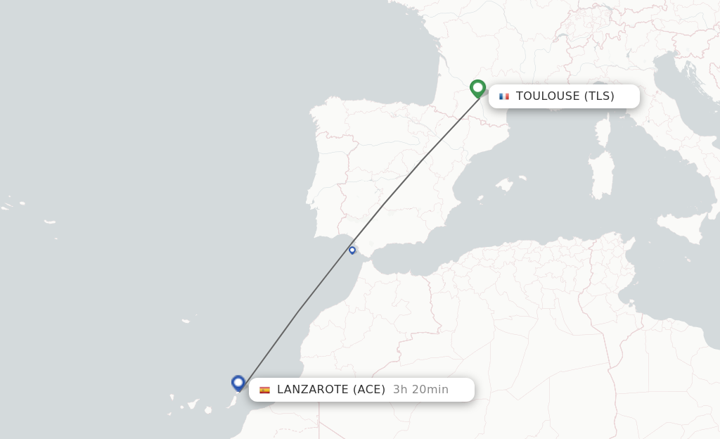 Flights from Toulouse to Lanzarote route map
