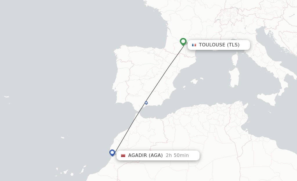 Flights from Toulouse to Agadir route map