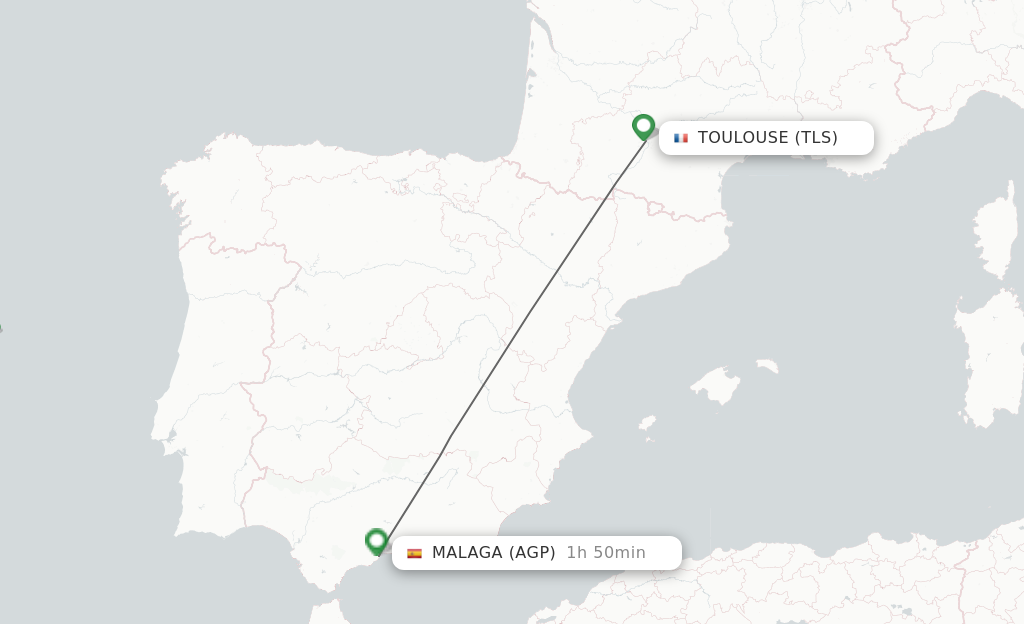 Flights from Toulouse to Malaga route map