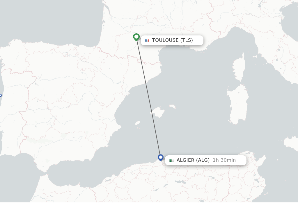 Flights from Toulouse to Algier route map