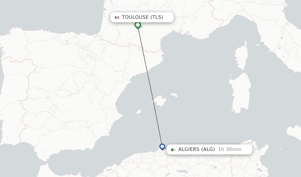 Flights from Toulouse to Algiers route map
