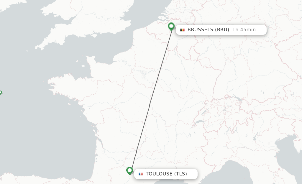Flights from Toulouse to Brussels route map