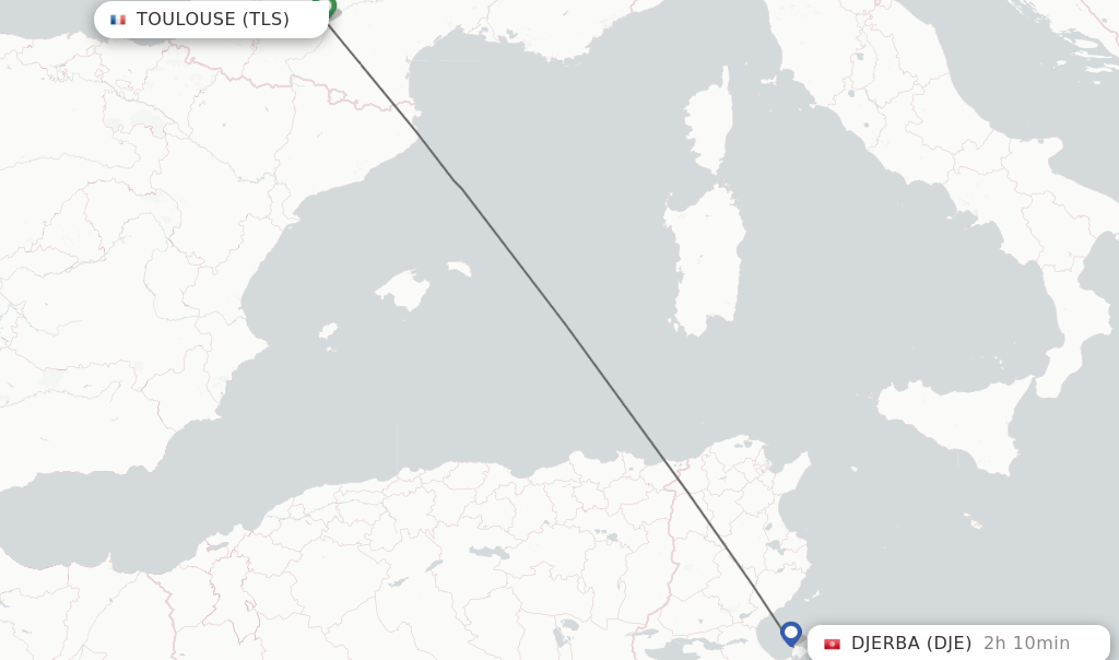 Flights from Toulouse to Djerba route map
