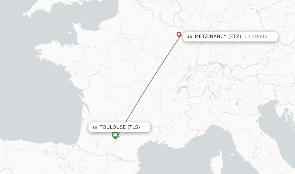Flights from Toulouse to Metz/Nancy route map