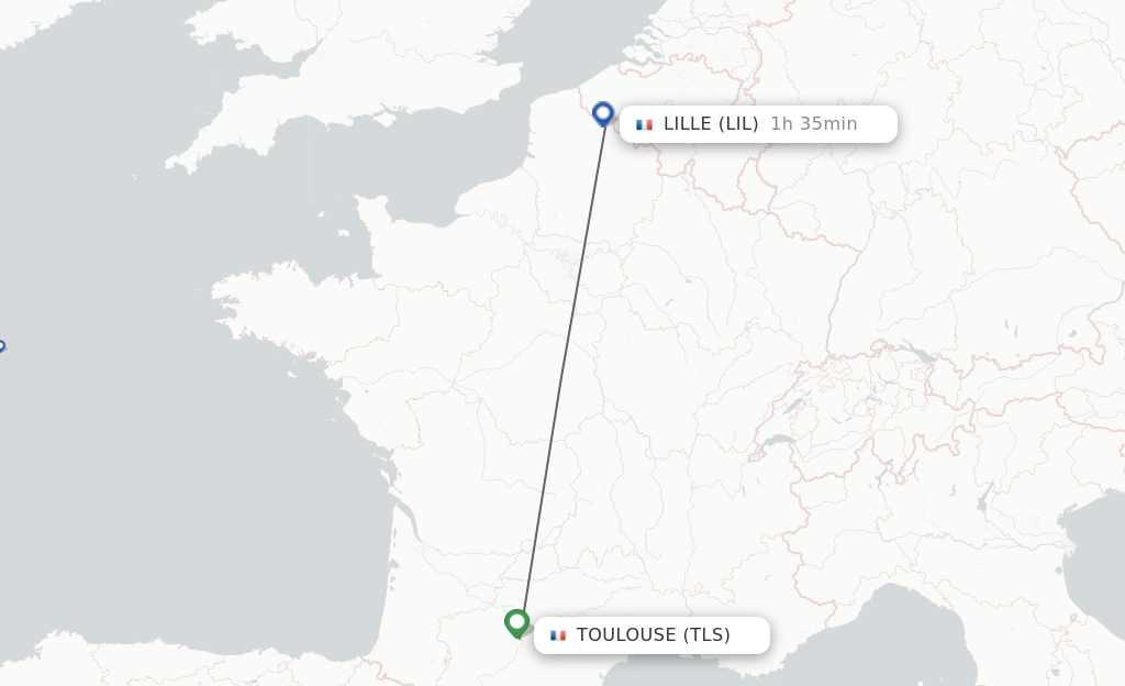 Flights from Toulouse to Lille route map