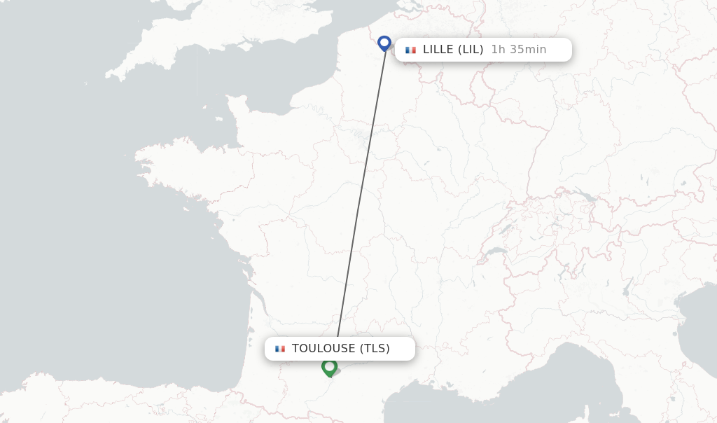 Flights from Toulouse to Lille route map