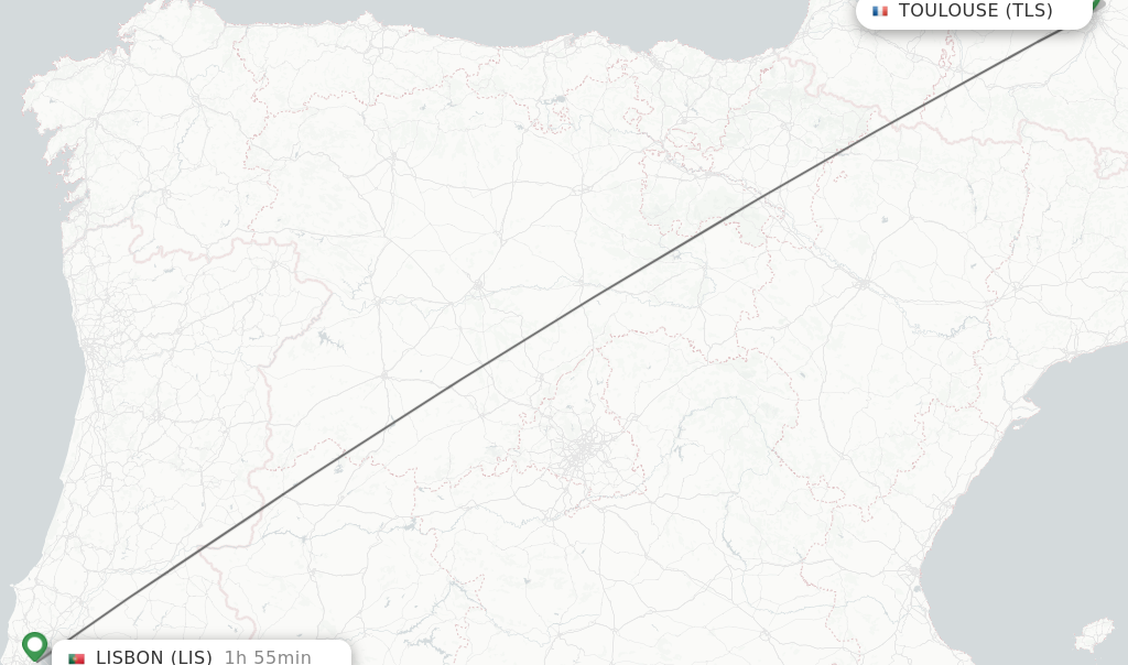 Flights from Toulouse to Lisbon route map