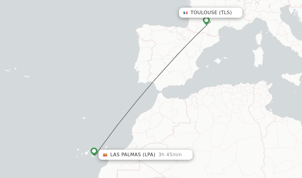 Flights from Toulouse to Las Palmas route map