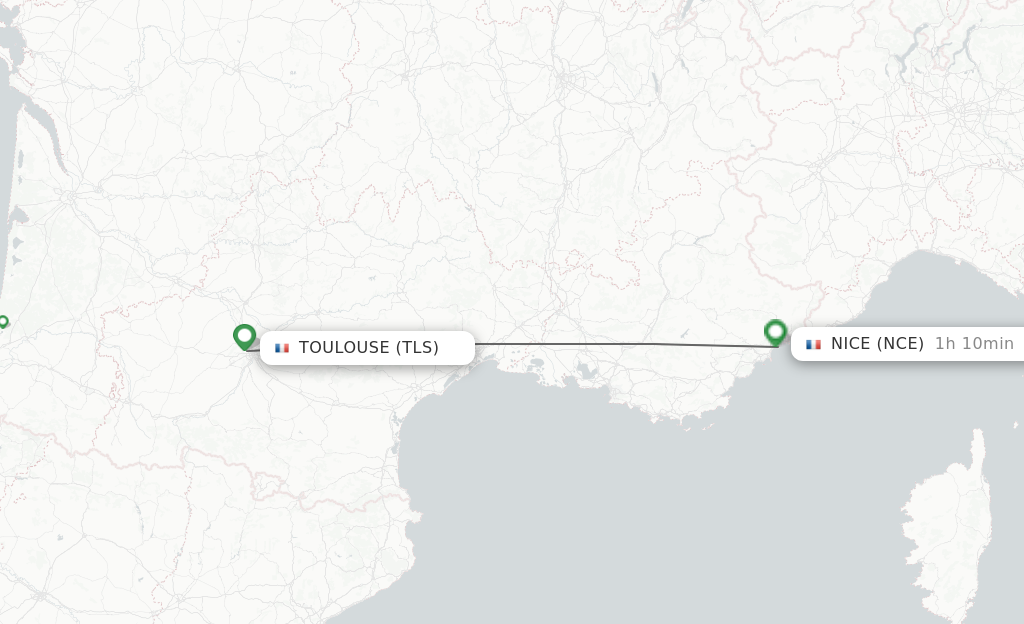Flights from Toulouse to Nice route map