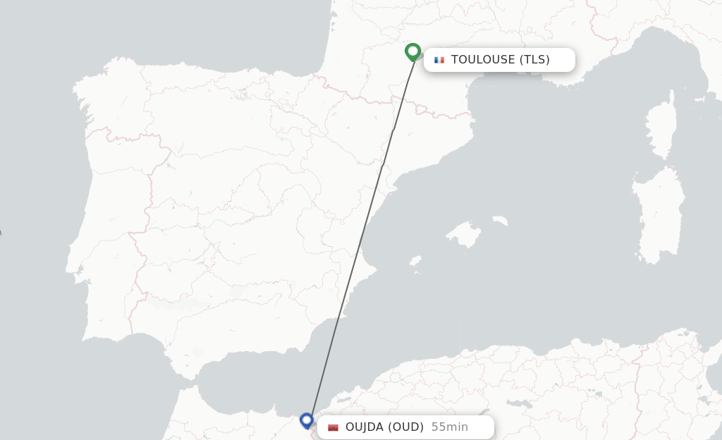 Flights from Toulouse to Oujda route map